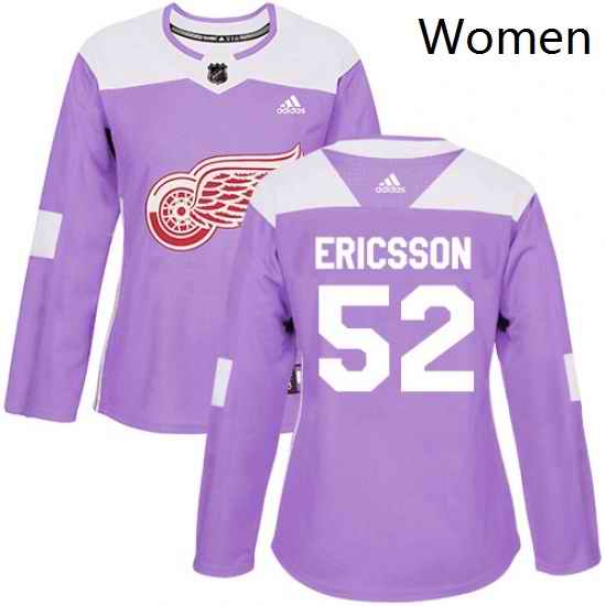 Womens Adidas Detroit Red Wings 52 Jonathan Ericsson Authentic Purple Fights Cancer Practice NHL Jersey